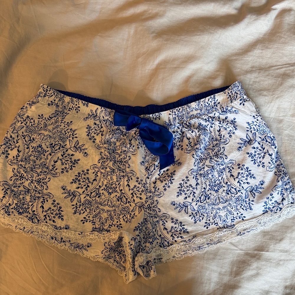 Victoria's Secret White and Blue Floral Lace-Trim Sleep Shorts